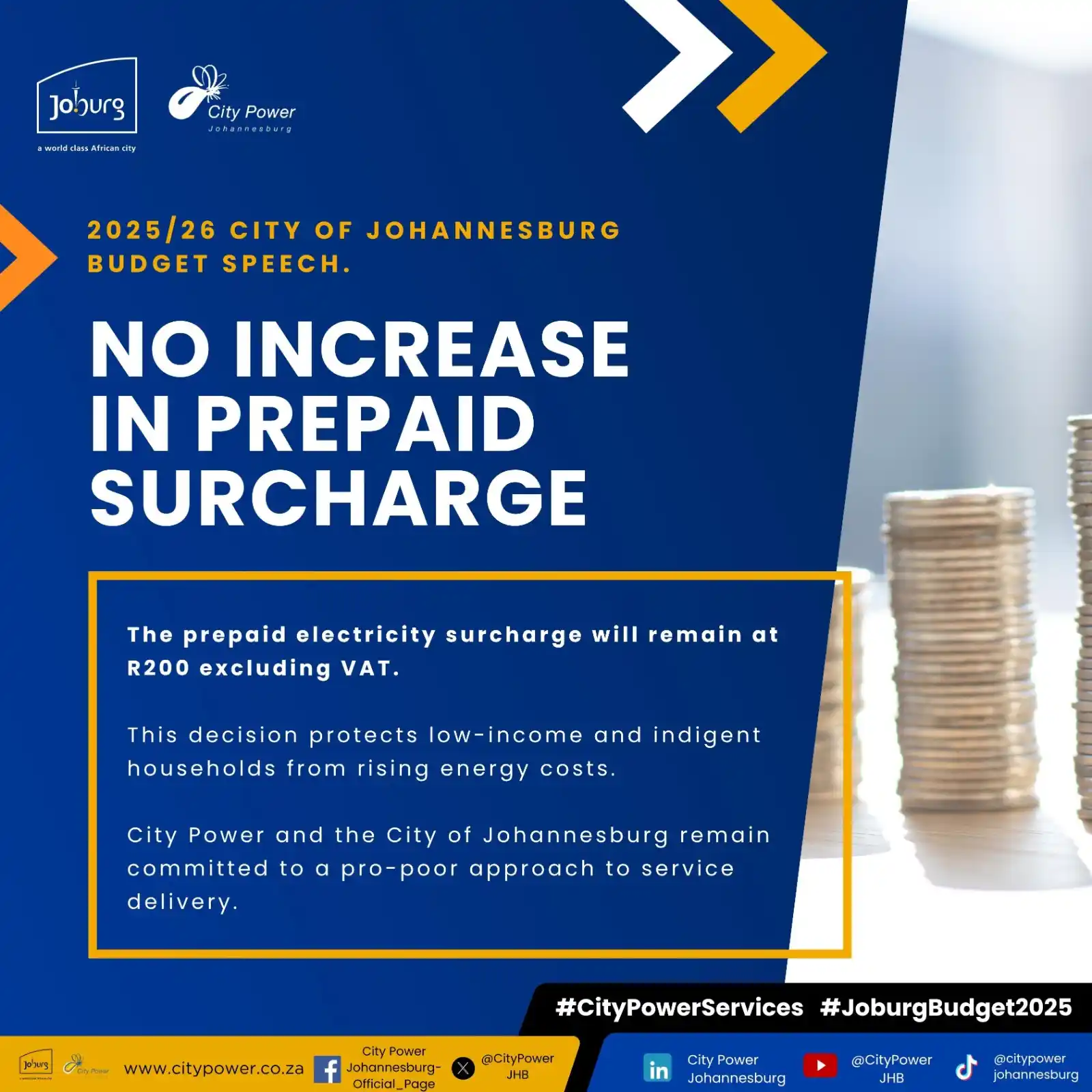 Image from City Of Joburg: There will be no increase in the prepaid electricity surcharge for 202...