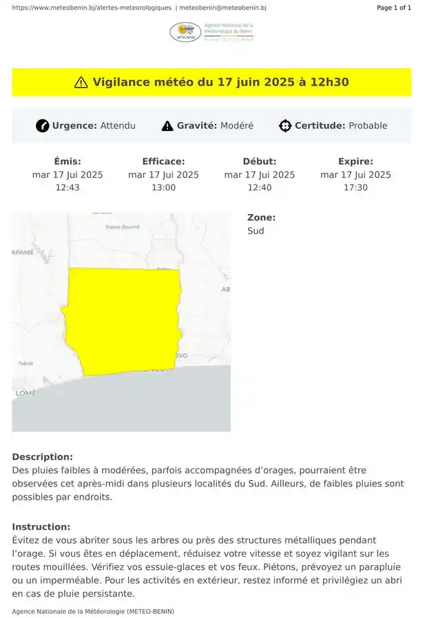 Image from METEO-BENIN: ⚠️ Alerte Météo : Vigilance météo du 17 juin 2025 à 12h30 Pour en sav...