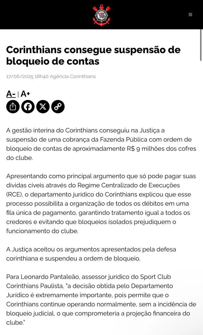 Image from SCCP News | Corinthians: 🚨 | Em nota, o Corinthians informou que conseguiu na Justiça suspende...