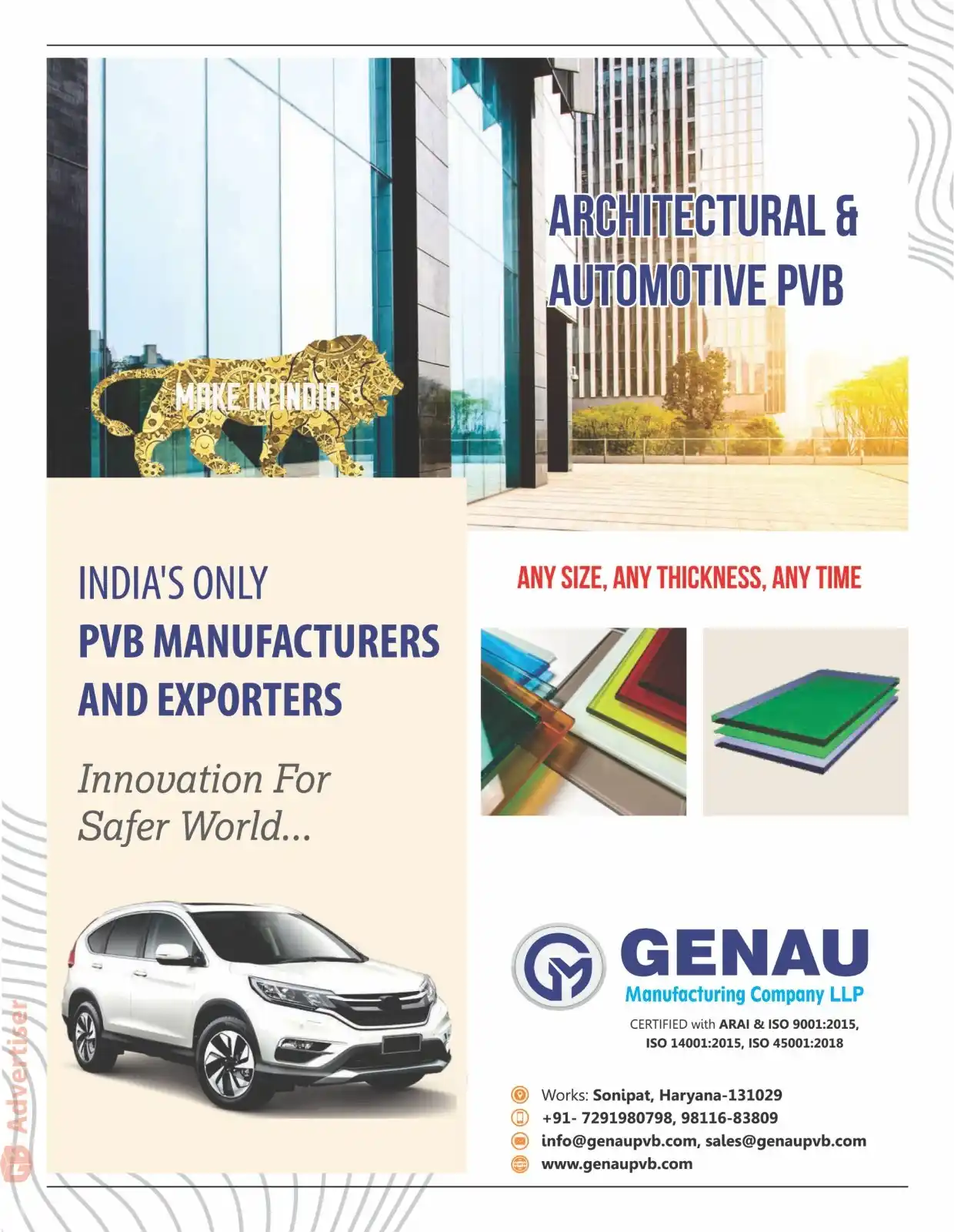 Image from Glass Bulletin: *GB Advert* *GENAU MANUFACTURING COMPANY LLP* _India’s Only PVB Manufa...