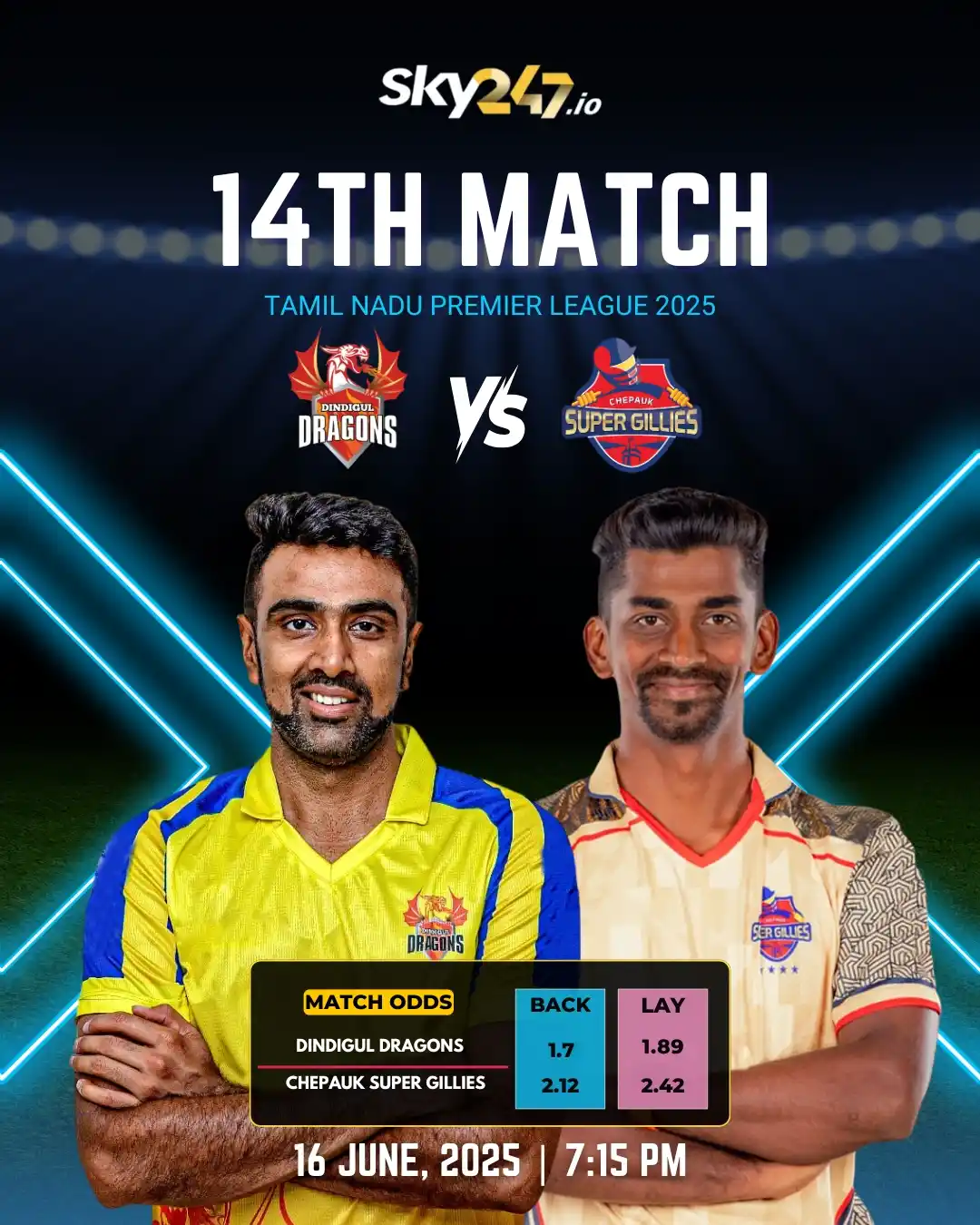 Image from SKY247: Dindigul Dragons vs Chepauk Super Gillies, 14th Match – START TIME 7:1...