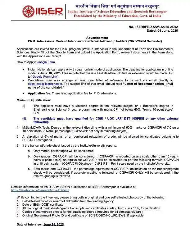 Image from PHD NOTIFICATION ONLY: EES, IISER Berhampur is inviting PhD applications for August 2025. La...