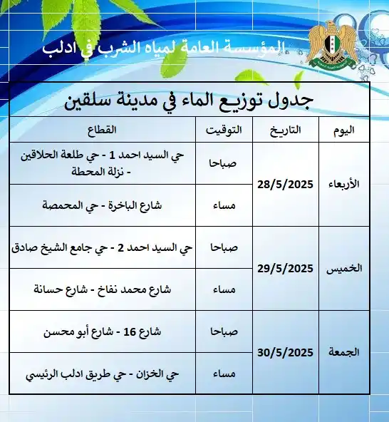 Image from وحدة مياه سلقين: جدول دور الماء في مدينة سلقين...