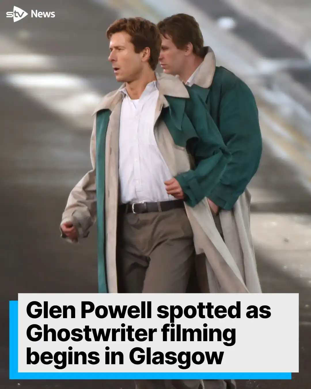 Image from STV News: Hollywood star Glen Powell has been spotted filming a bus stunt scene ...