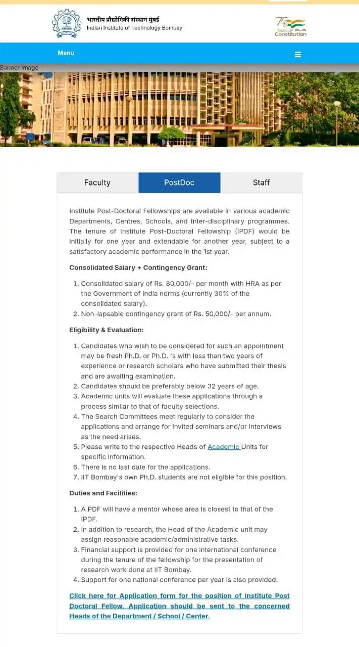 Image from PHD NOTIFICATION ONLY: Institutional Post Doctoral Fellowship at @iitbombay Salary Rs. 8...