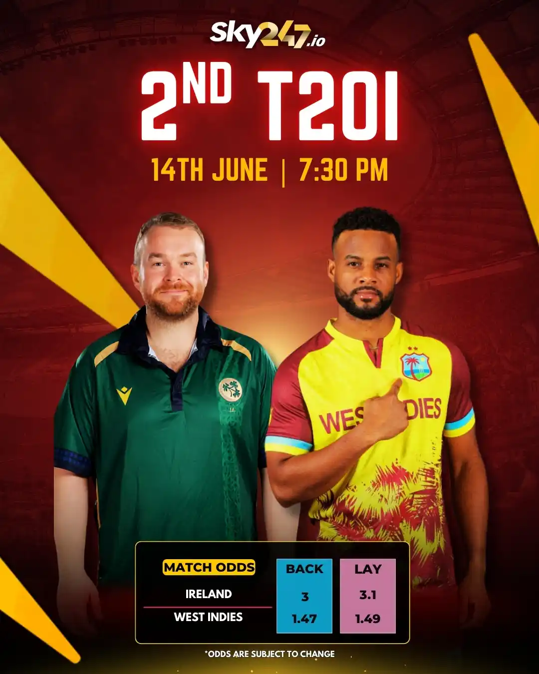 Image from SKY247: Tonight at 7:30 PM – Ireland vs West Indies! *Bet small, win big! Don...