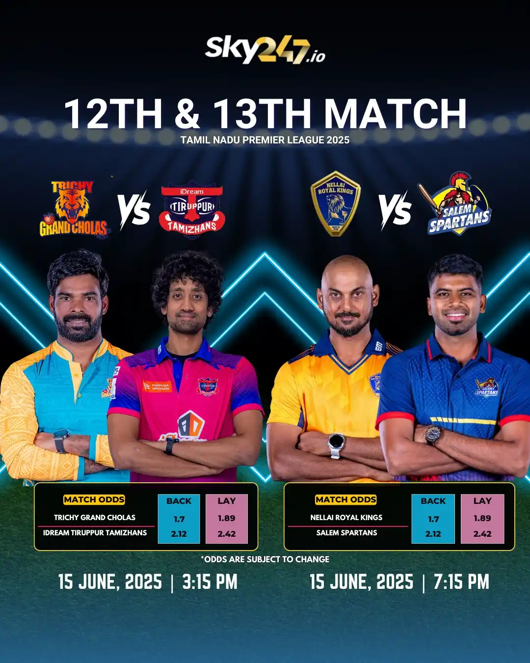 Image from SKY247: Trichy Grand Cholas face IDream Tiruppur Tamizhans at 3:15 PM. Nellai...