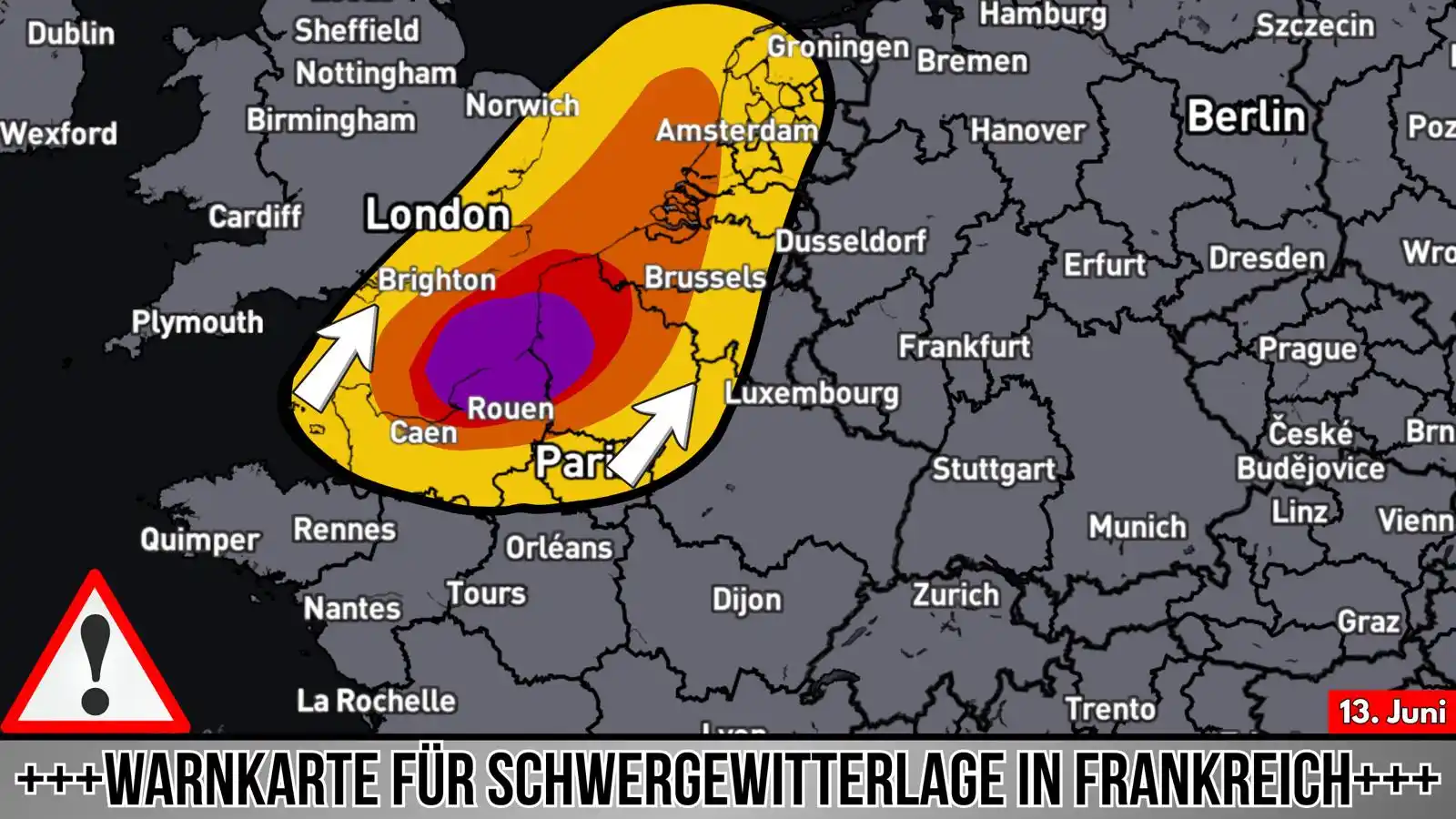 Image from Mostviertler Wetterfreak: Warnkarte für die Schwergewitterlage morgen in Frankreich....