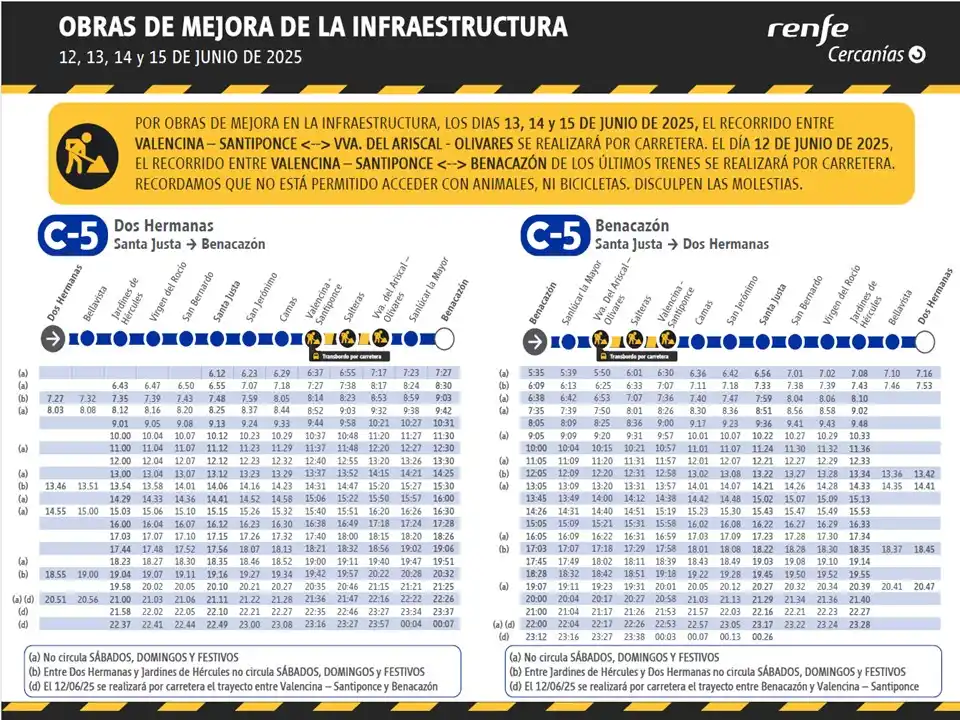 Image from Cercanías Sevilla: 📢 ATENCIÓN 🚧 Por obras de mejora en la infraestructura, entre el 1...