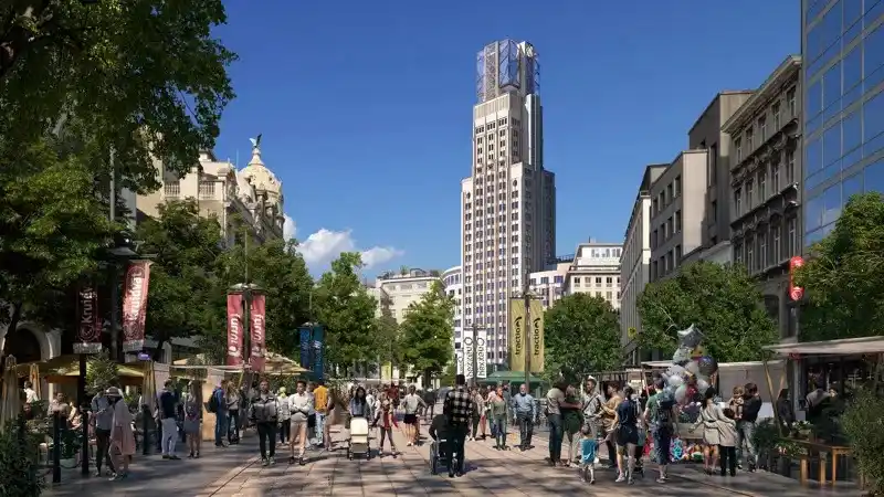 Image from VRT NWS: Het nieuwe ontwerp van de Antwerpse Boerentoren is bekend. Katoen Nati...