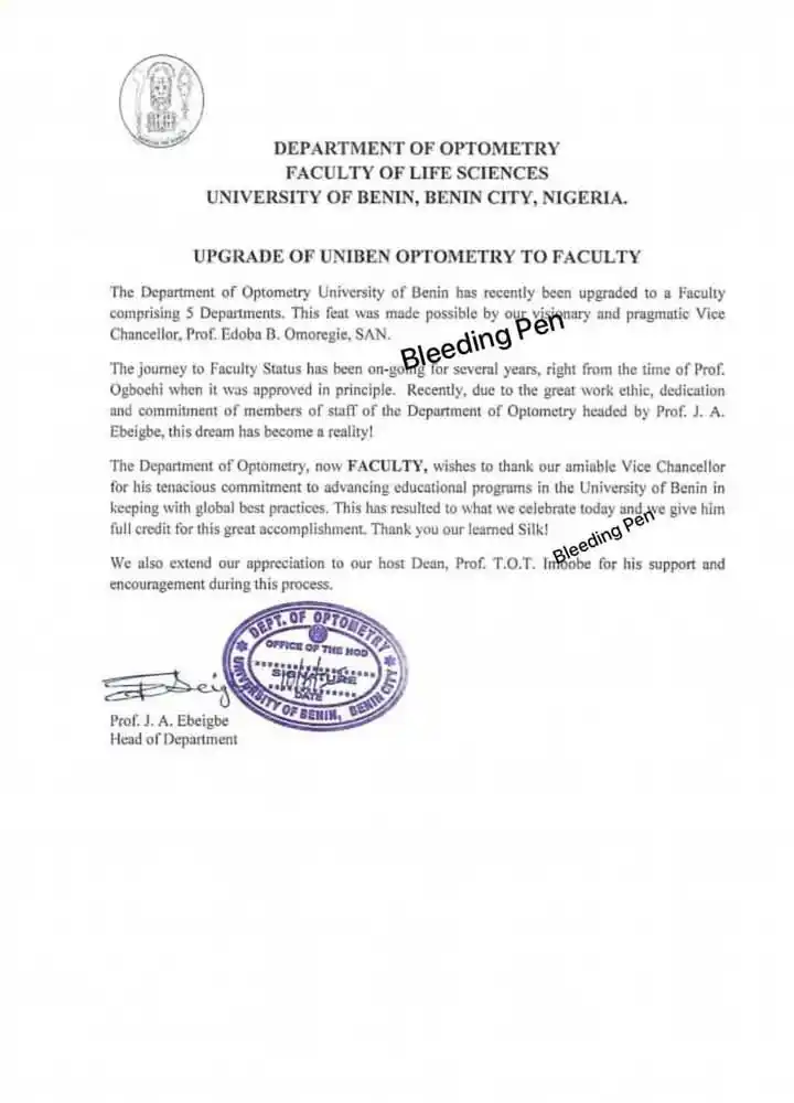 Image from Daily Informative: Like SLT, UNIBEN Optometry upgrades to full-fledged Faculty—with five ...