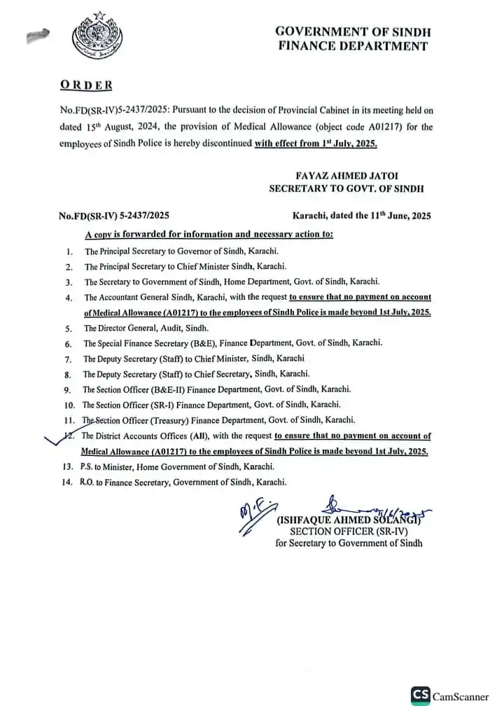 Image from Unofficial Sindh Police: سندھ پولیس نے یکم جولائی 2025 سے میڈیکل الاؤنس ختم کردیا ہے۔ 1300 روپ...