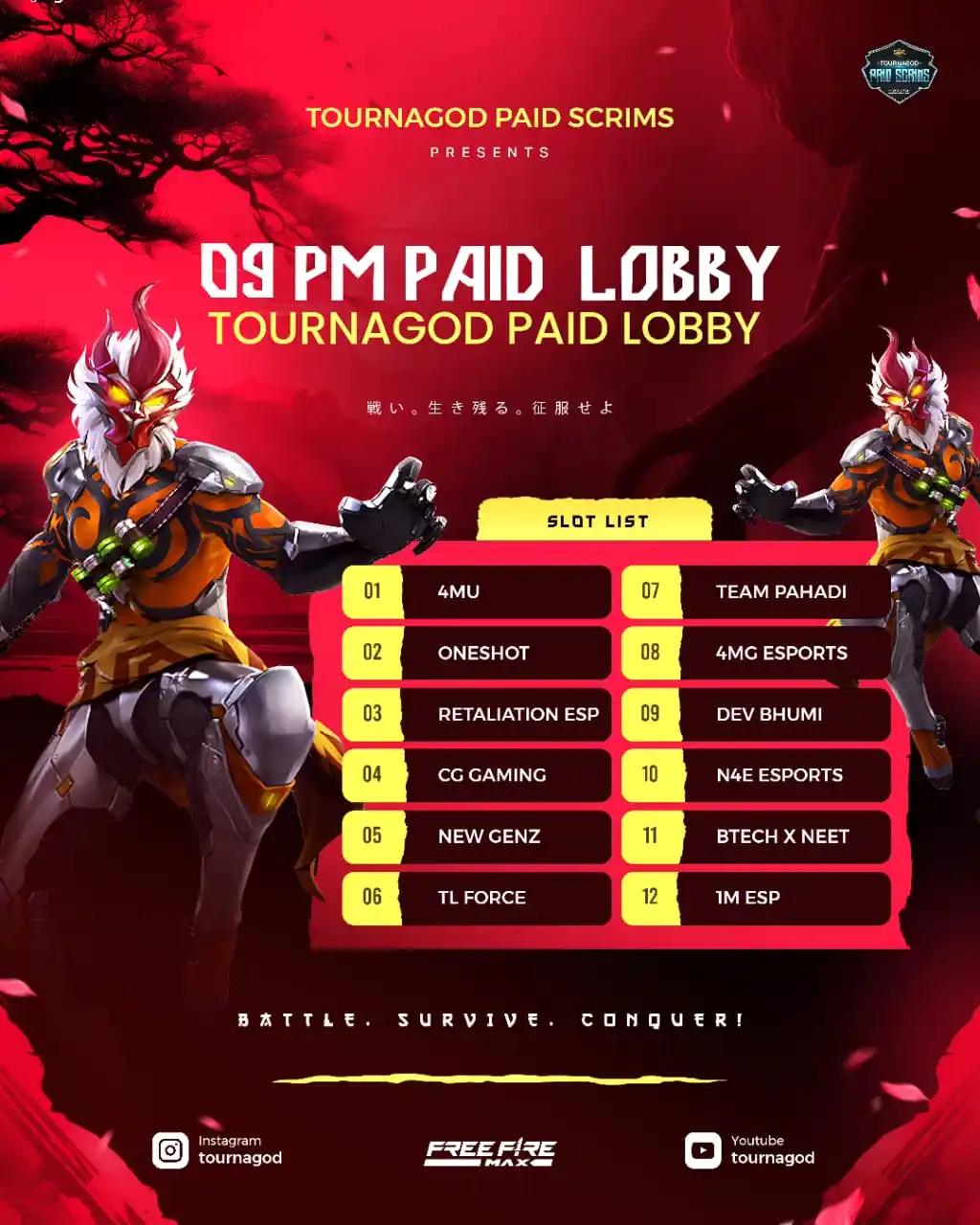 Image from TOURNAGOD SCRIMS OFFICIAL: *09 PM MEGA/MINI ALL LOBBY FULL* `JOIN FOR DAILY T1/T2/T3 MEGA/MINI LO...