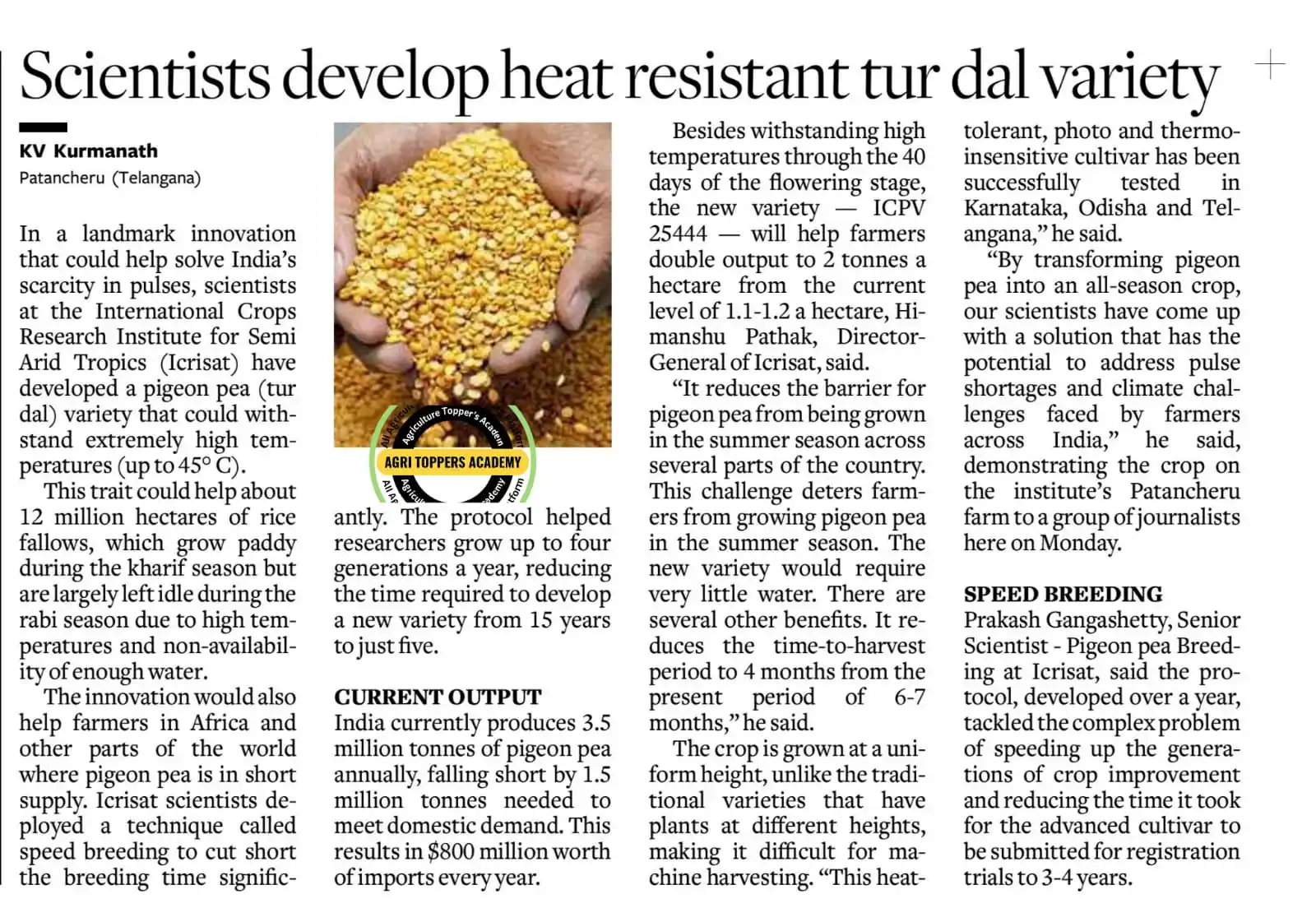 Image from Agri Toppers Academy [ Agriculture ]: 🌱 Heat-Resistant Tur Dal Variety Developed 🧪 Developed by: ICRISAT (...