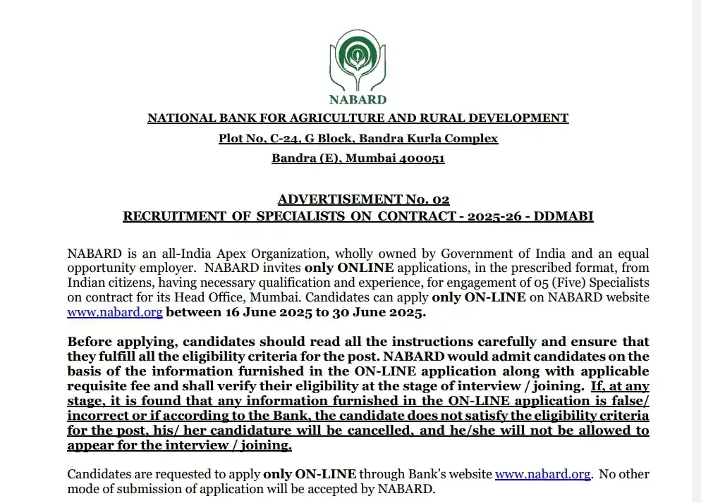 Image from Chauhan Sir Fanclub: ✅ *NABARD Specialist Recruitment 2025*  National Bank for Agriculture ...