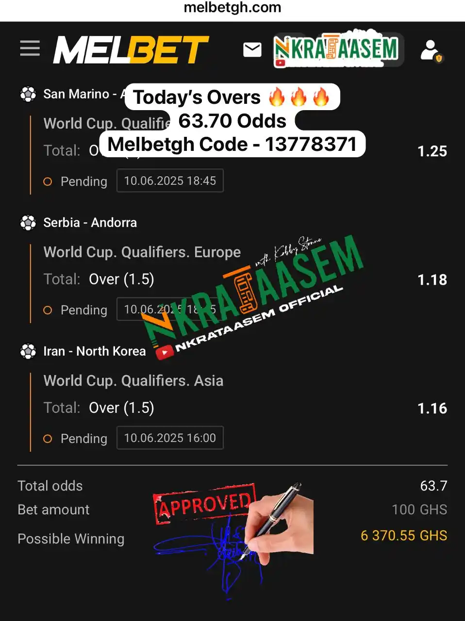 Image from NKRATAASEM 🇬🇭: Today’s Overs - 63.70 Odds Booking Code > 13778371 Register on Melb...