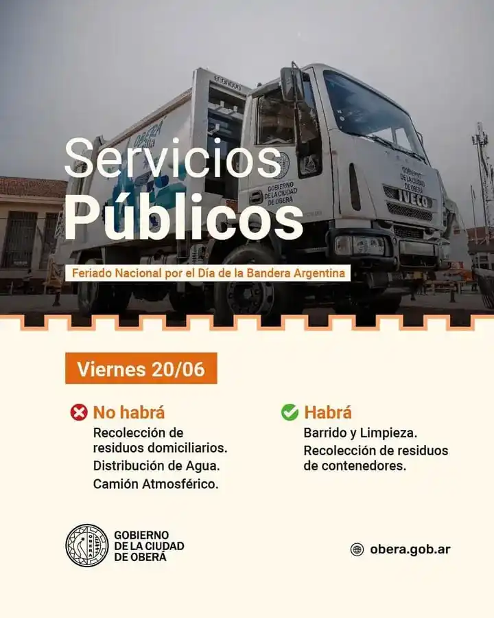 Image from El Misionerismo: *ATENCIÓN VECINAS DE OBERÁ* Servicios Públicos 🇦🇷 Feriado Nacional...