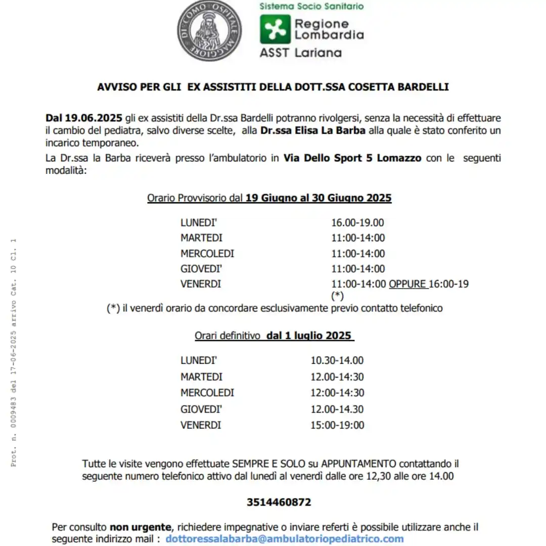 Image from COMUNE DI CADORAGO: AVVISO ASST LARIANA PER GLI EX ASSISTITI DELLA DOTT.SSA COSETTA BARDEL...