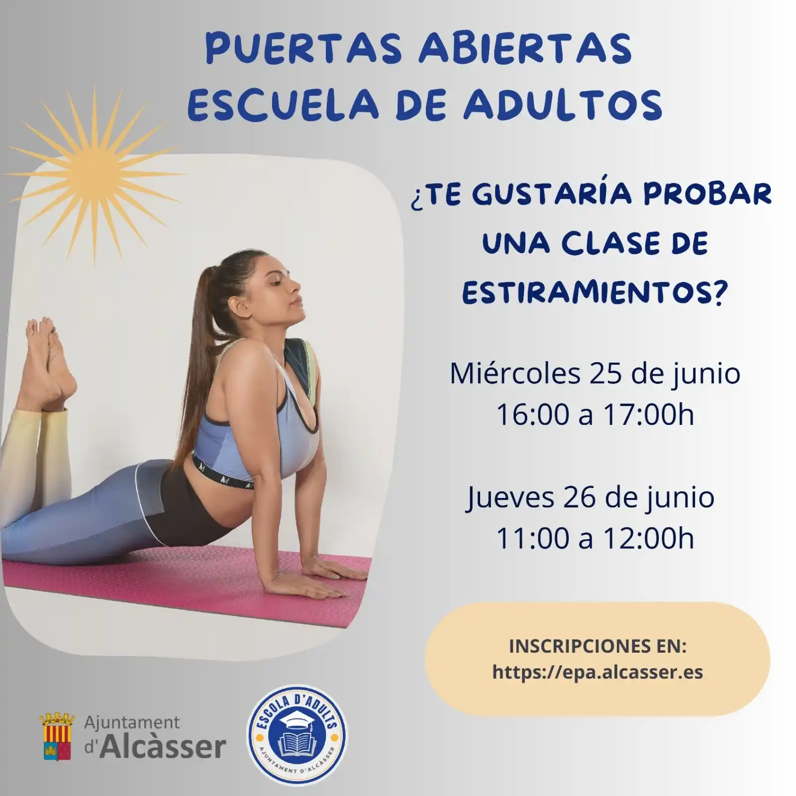 Image from AJUNTAMENT D'ALCÀSSER: CLASSE D’ESTIRAMENTS EN L’ESCOLA D’ADULTS 🧘‍♀️  El dimecres 25 de jun...