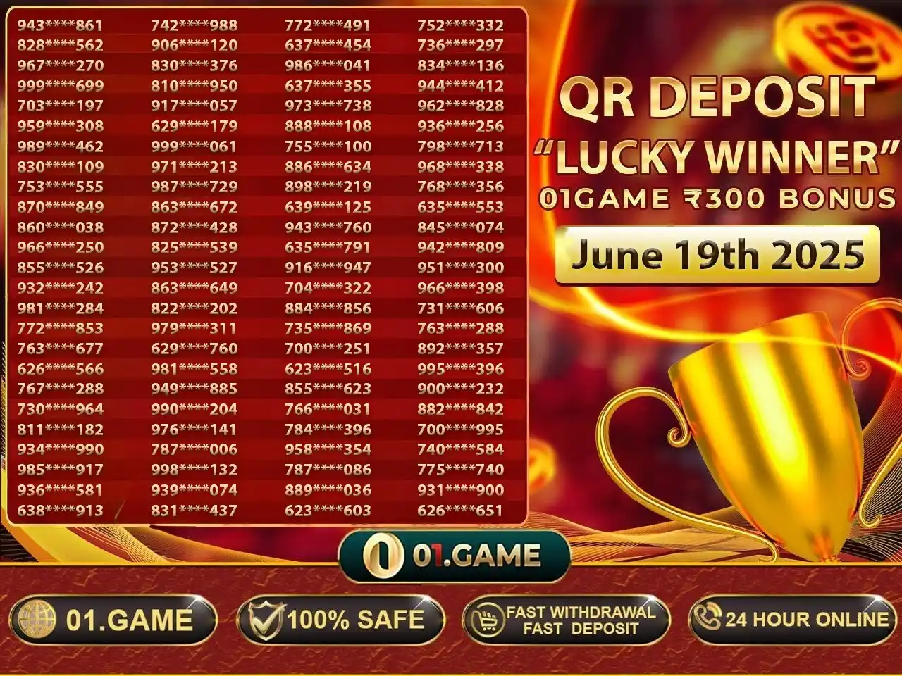 Image from 01.GAME: 👑Congratulations to the 100 fortunate players who won the ₹300 bonus ...