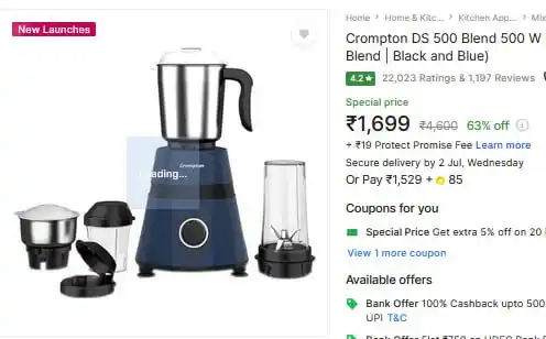 Image from Loots4u : Deals & Offers: Crompton Mixer Grinder 500W @1699.  https://fkrt.to/L0c3ttBG...