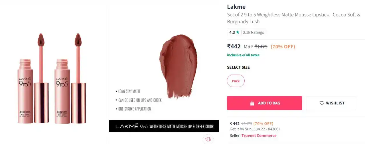 Image from Loots4u : Deals & Offers: Lakme Set of 2 9 to 5 Weightless Matte Mousse Lipstick - Cocoa Soft & ...