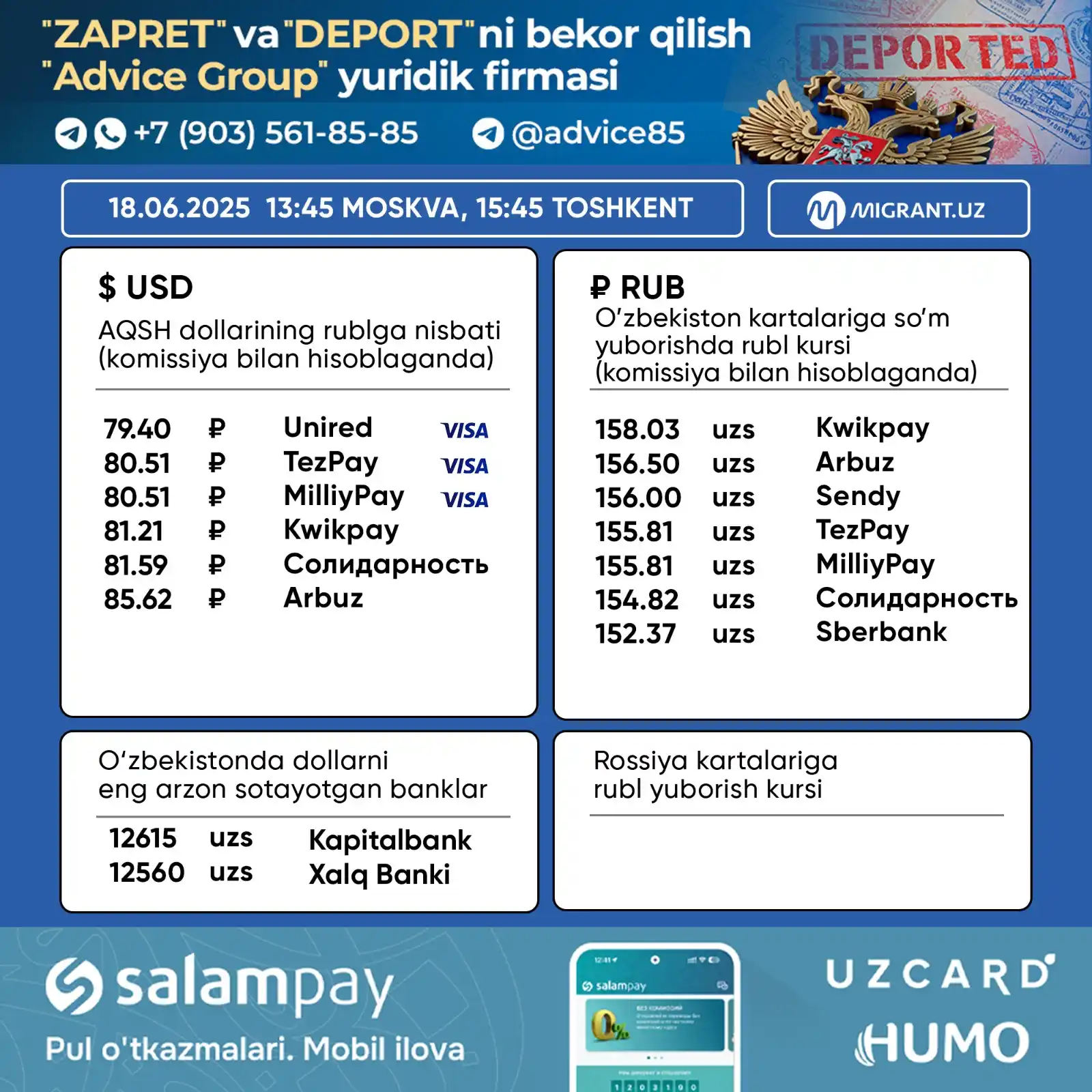 Image from Migrant.uz: 💵 Pul o‘tkazish tizimlaridagi valyuta kurslari 18.06.2025 Toshkent 1...