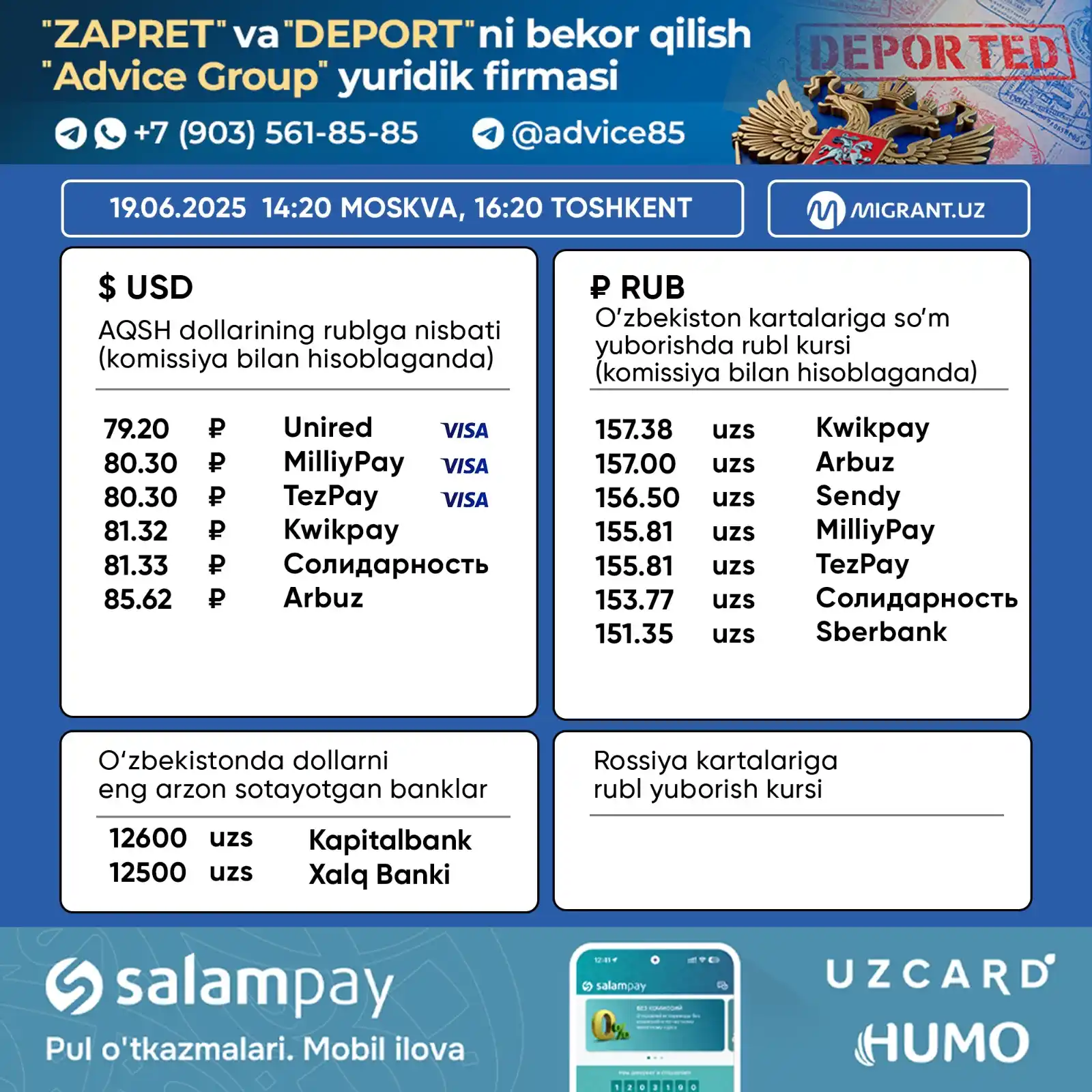 Image from Migrant.uz: 💵 Pul o‘tkazish tizimlaridagi valyuta kurslari 19.06.2025 Toshkent 1...