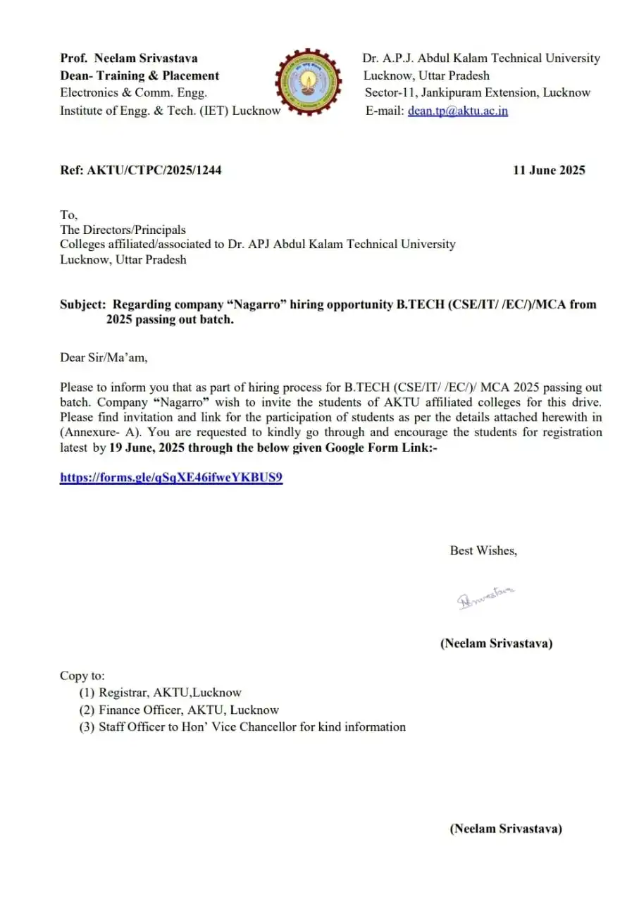 Image from AKTU 👨🏻🎓👩🏻🎓: *AKTU NOTICE* Regarding company “Nagarro” hiring opportunity B.TECH (...