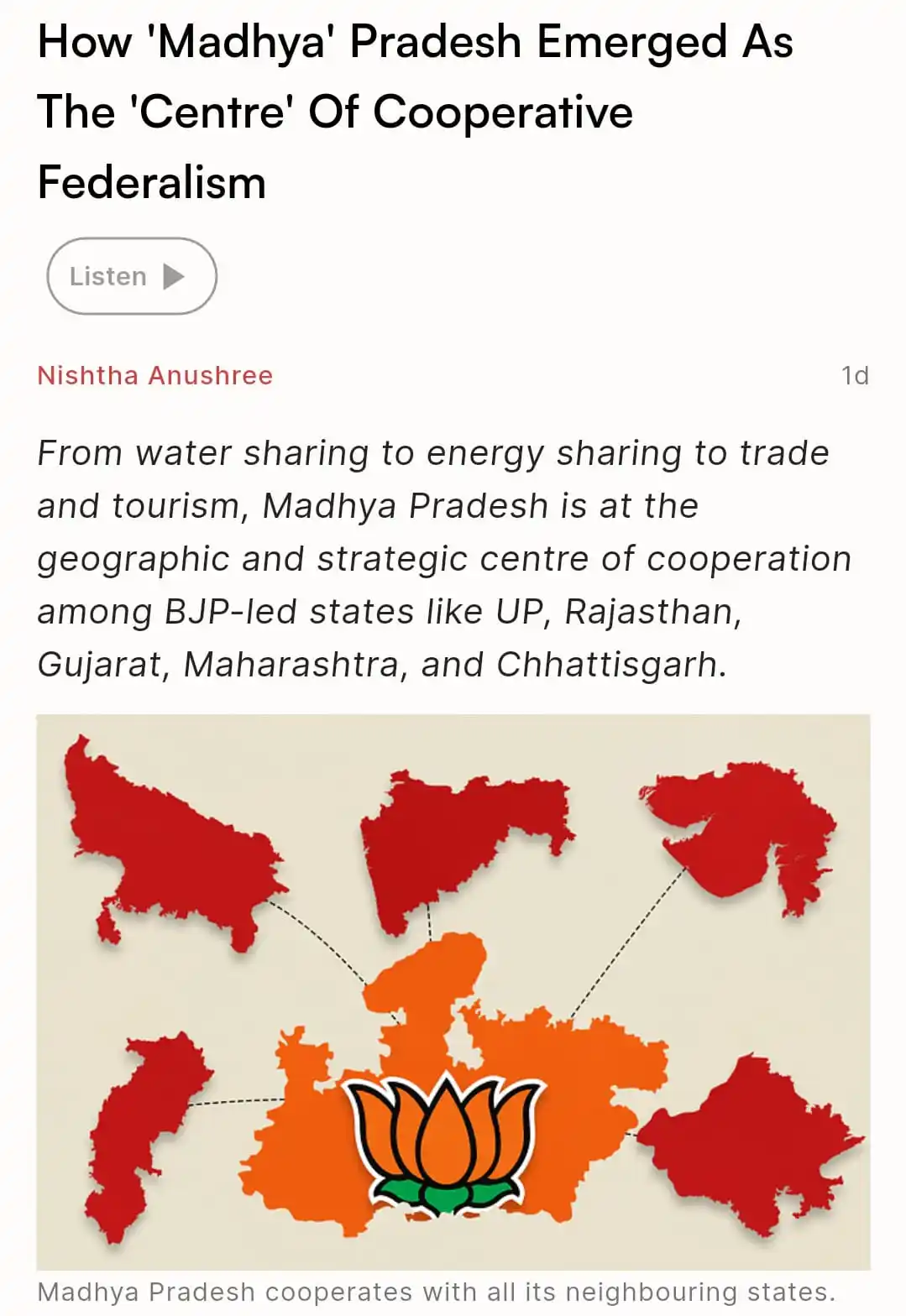Image from Swarajya: How 'Madhya' Pradesh Emerged As The 'Centre' Of Cooperative Federalism...