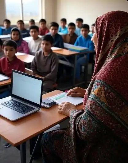 Image from Kashmir Watcher: Inspiring education scene, dedicated teacher, eager students, bright f...