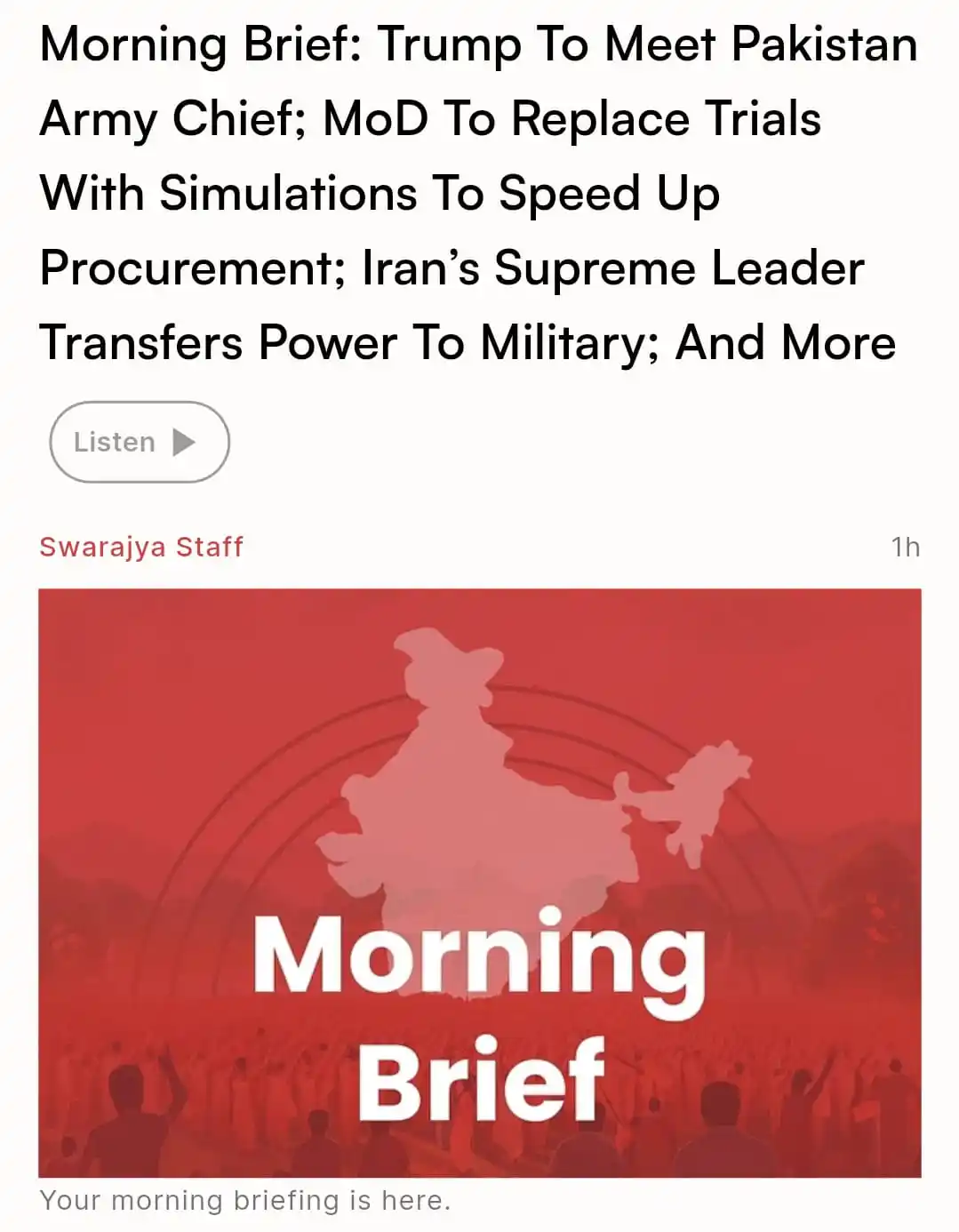 Image from Swarajya: Morning Brief: Trump To Meet Pakistan Army Chief; MoD To Replace Trial...
