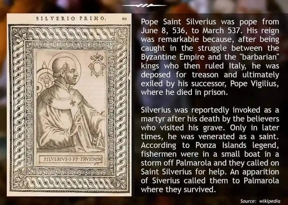 Image from DIVINE RETREAT UPDATES AND PRAYERS: _*🌹†SAINT OF THE DAY†🌹*_  _*SAINT SILVERIUS, Pope & Martyr.*_  _(480...