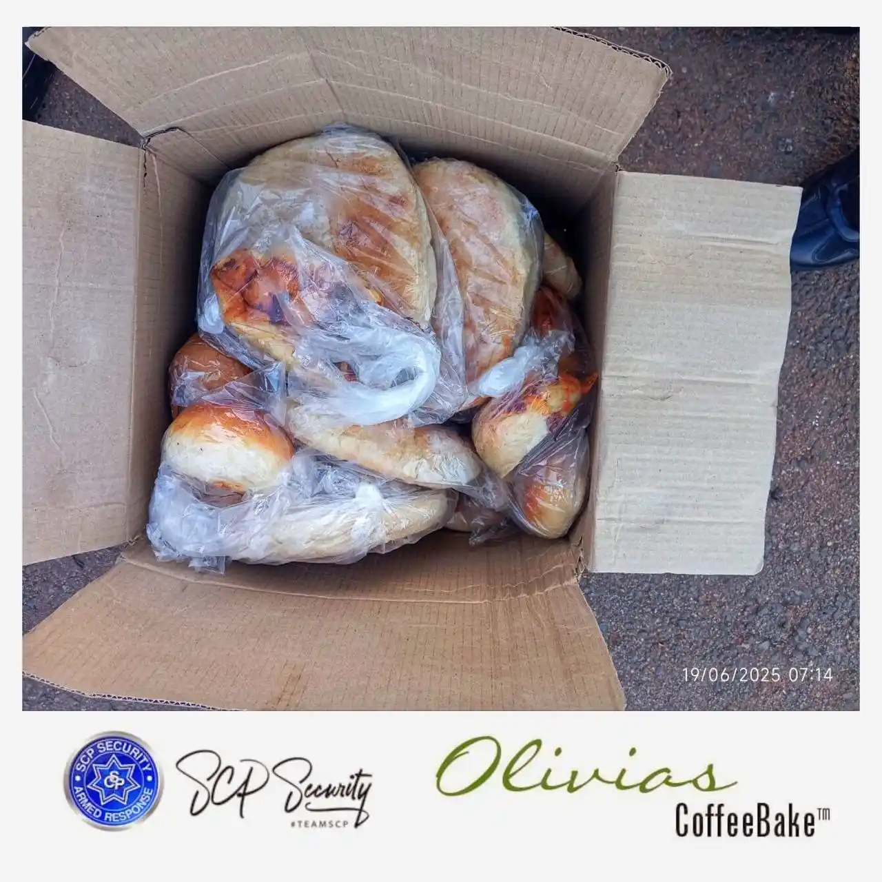 Image from SCP SECURITY: SCP SECURITY delivering bread donated by Olivia's Coffee Bake to the "...