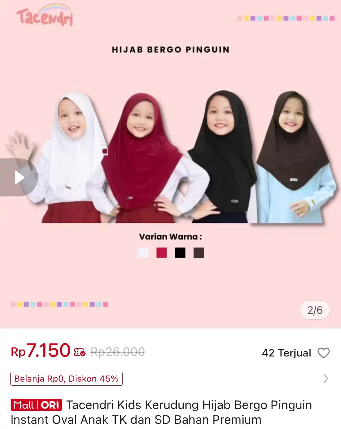 Image from Promo Diskon Shopee, Lazada, Gojek, Grab, dll: Tacendri Kids Kerudung Hijab Bergo Pinguin Instant Oval Anak TK dan SD...