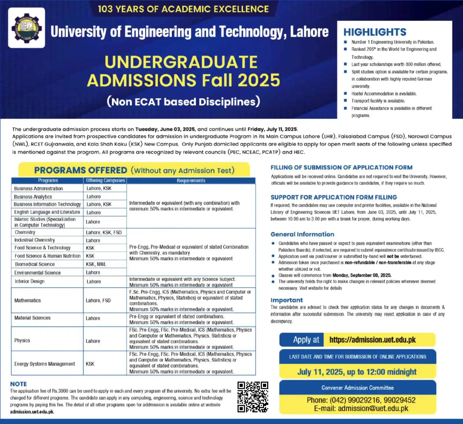 Image from ADMISSION UPDATE 🎓: *♨️ University of Engineering & Technology (UET), Lahore Fall Admissio...