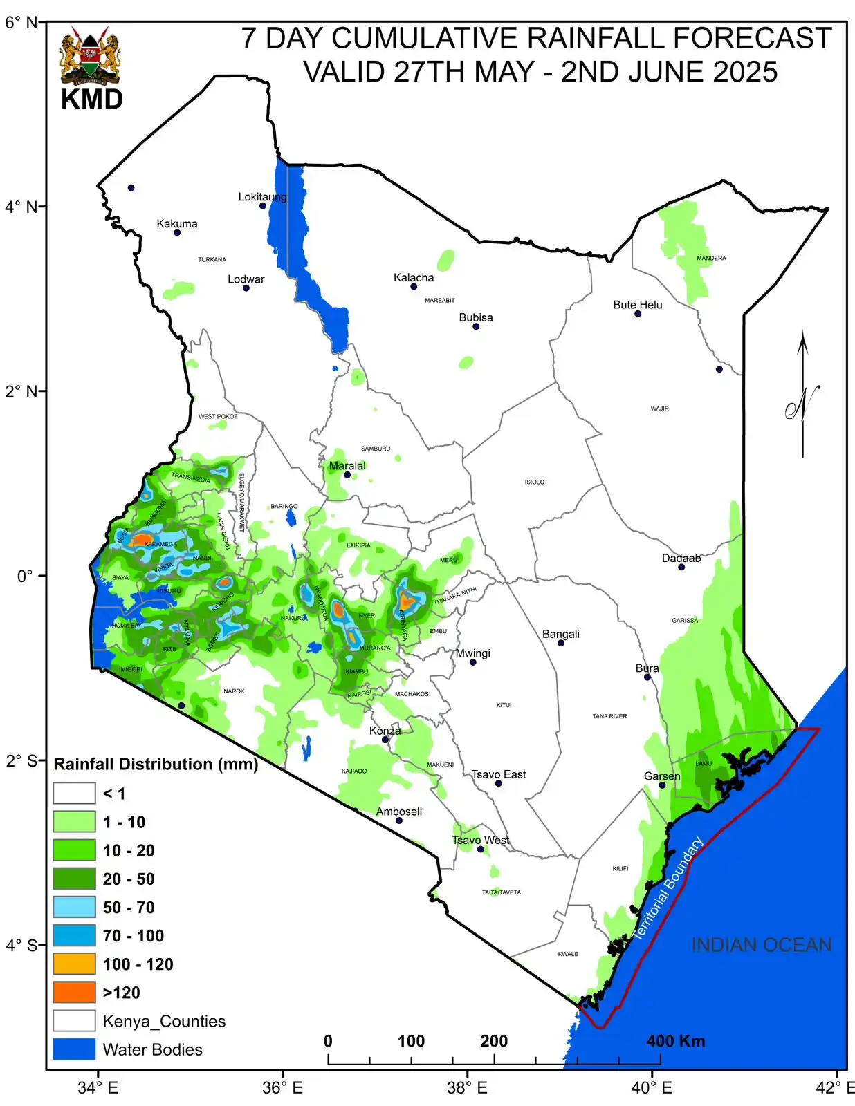 Image from Kenya Meteorological Department: 🌦️ Weather Outlook: 27 May – 2 June 2025 ☔ Rainfall is expected to c...