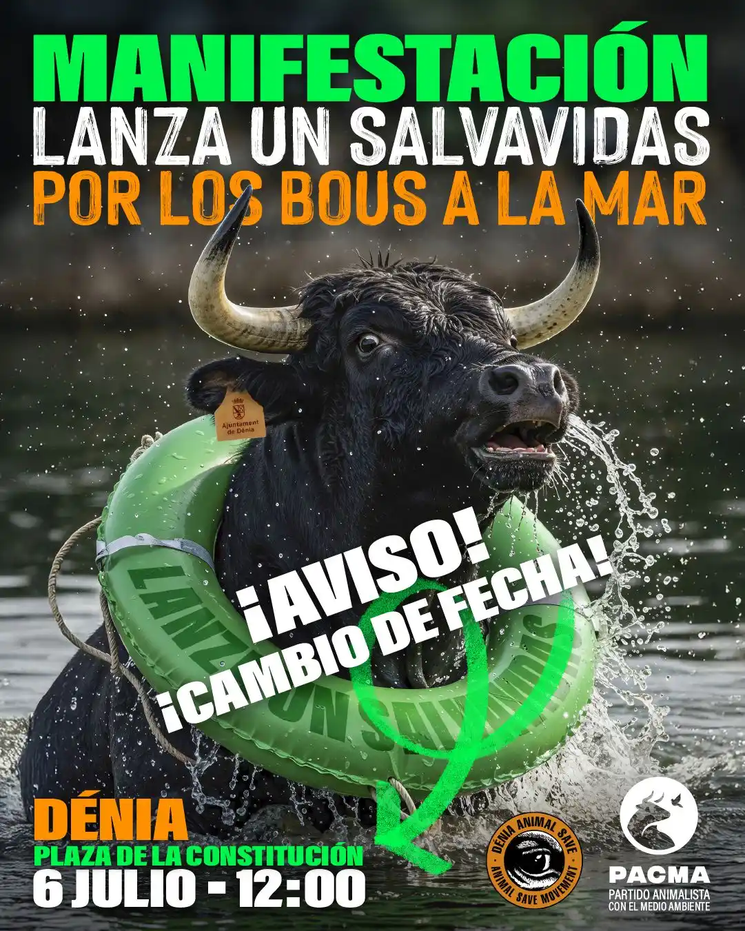 Image from PACMA: AVISO IMPORTANTE: CAMBIO DE FECHA. NUEVA FECHA: 06 DE JULIO A LAS 12:0...