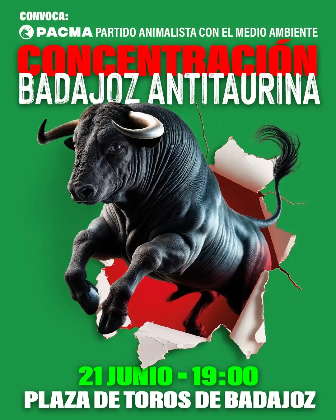 Image from PACMA: 🙌¡Badajoz es ANTITAURINA! 🐂Este sábado, 21 de junio, las 19:00, en ...