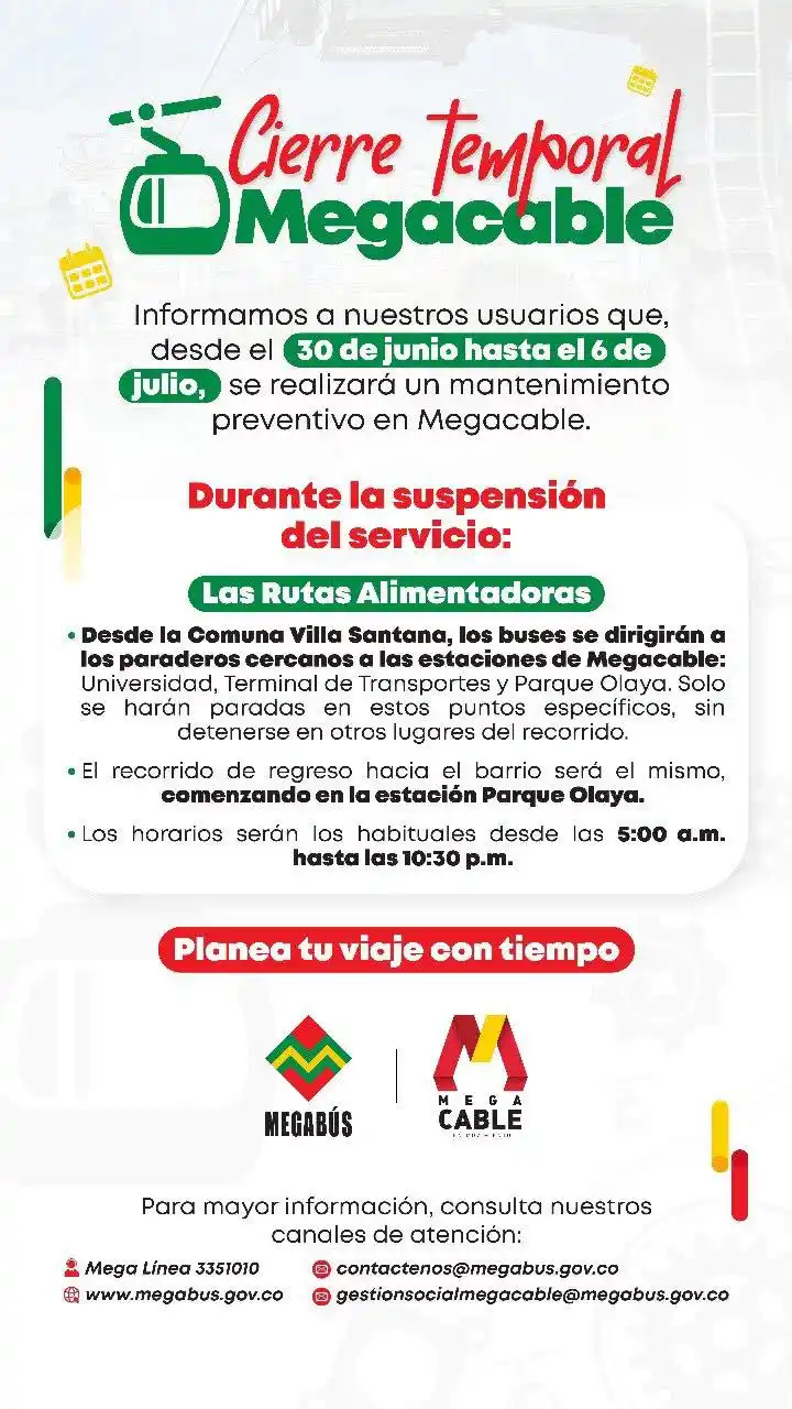 Image from Alcaldía de Pereira : CIERRE TEMPORAL DE MEGACABLE POR MANTENIMIENTO PREVENTIVO 🚡 Del 30 d...