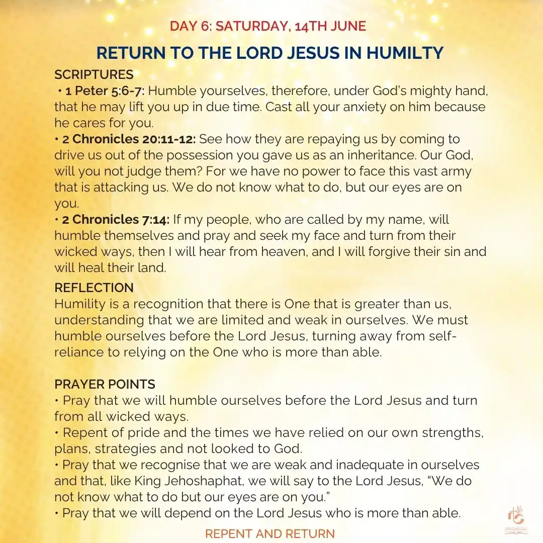 Image from Nairobi Baptist Church, Ngong Road: 📅 Day 6 – Saturday, 14th June 🔁 Return to the Lord Jesus in Humility...
