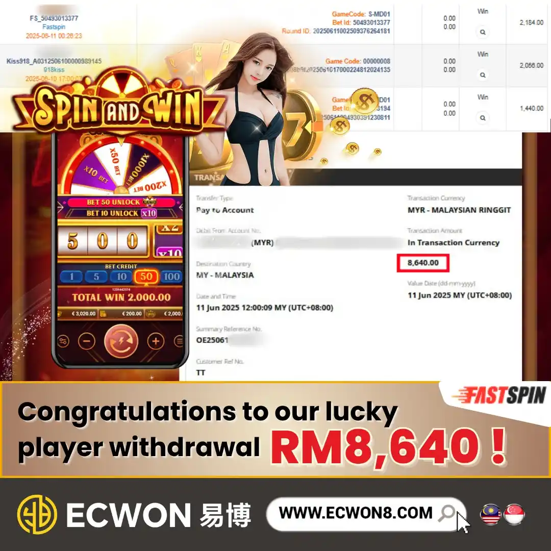 Image from 𝐄𝐂𝐖𝐎𝐍: ECWON makes winning simple! See our lucky player's RM8,640 withdrawal ...