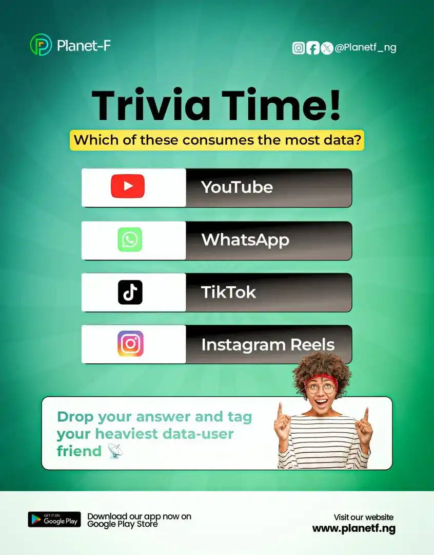 Image from PlanetF_Nigeria: Which one dey chop your data the most? (We know the struggle 😩)  To o...