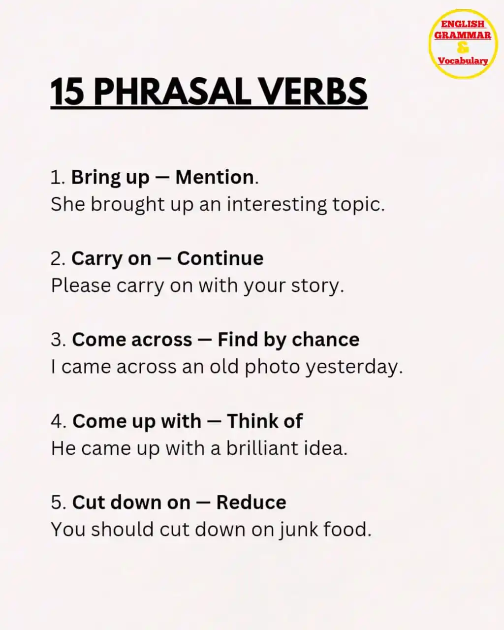 Image from English Grammar & Vocabulary IELTS TOEFL Spoken SSC Bank Upsc Rajasthan CGL CHSL RAILWAY GK NCERT GD: 15 PHRASAL VERBS Part 1❤️...