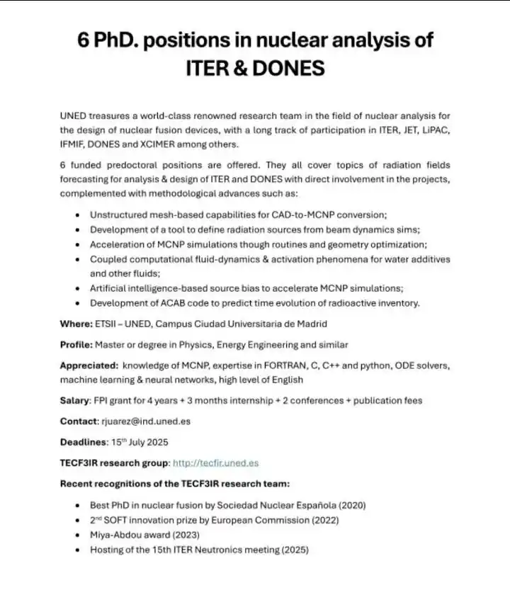 Image from World Scholarships 👩🏫 : *6 PhD positions in nuclear analysis of ITER & DONES* ✆ 𝐅𝐨𝐫 𝐝𝐚𝐢...