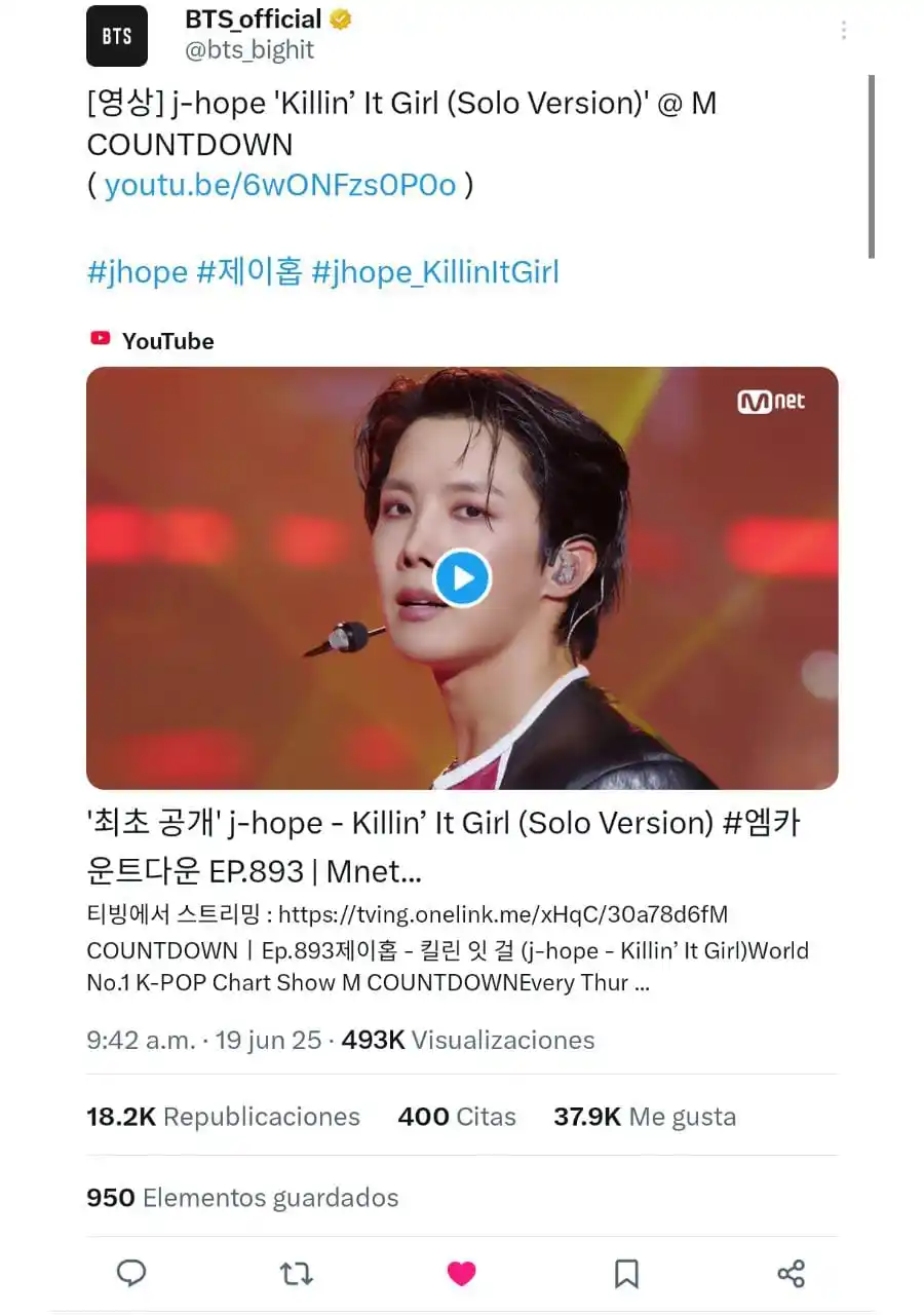 Image from BTS | BANGTARMY⁷ NEWS 📰:     ↳ Actualización de BTS OFFICIAL en X/TWITTER 🌟  [영상] j-hope 'Kill...