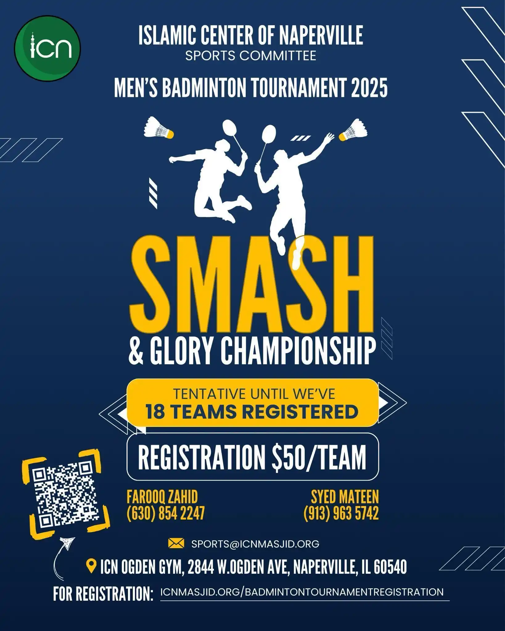 Image from Islamic Center of Naperville: 🏸 *Announcing ICN Men's Doubles Badminton Tournament 2025 – Register ...