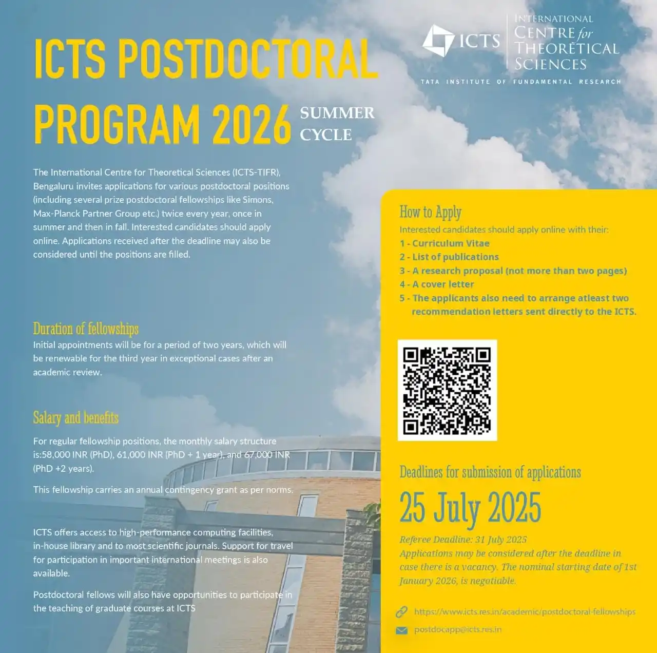 Image from Physics Aspirants: ICTS Postdoctoral Program 2026 Deadline: 25 Jul 2025 https://icts.re...
