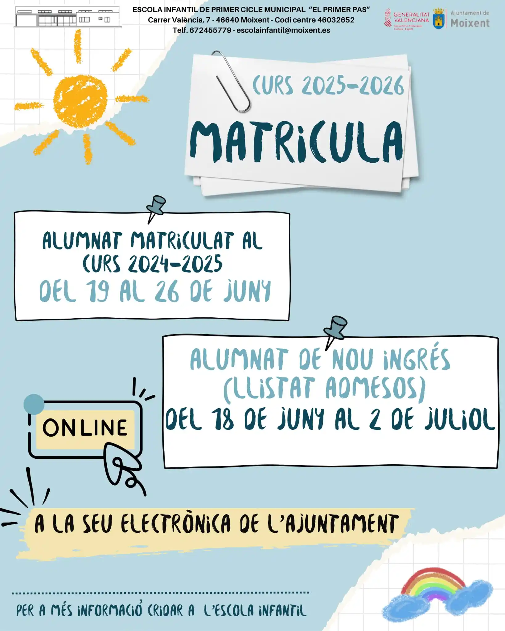Image from Ajuntament de Moixent: ✅ MATRÍCULA ESCOLA INFANTIL MUNICIPAL 🏫 Obert el termini per realitz...