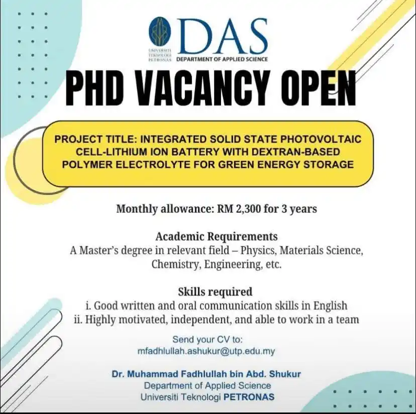Image from World Scholarships 👩‍🏫 : *PhD Studentship!*  *Allowance:* RM2,300/month for 3 years  *Requireme...